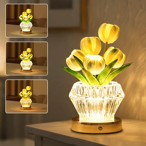 Image of Blue Tulip Flower Lamp Diamond Vase, 3 Color Night Light Dimmable Touch Control Artificial Floral Decor for Bedroom Bar Coffee Shop Wedding Birthday Gifts for Women Christmas Valentine Mothers Day