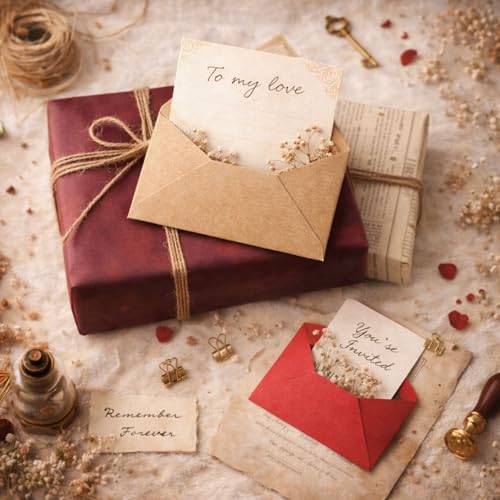 Image of Celebrations Vintage Gift Combo Set With Red & Brown Kraft Paper Envelopes,Vintage Gift Wrapping Sheets & Letters, Perfect for Valentine's Day, Proposals, Wedding Invitations & Festive Gifting