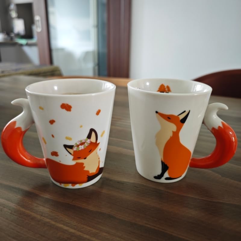 Ceramic Fox Coffee Mug with Tail Handle, 12 oz, White and Orange, Floral Design - Image 4