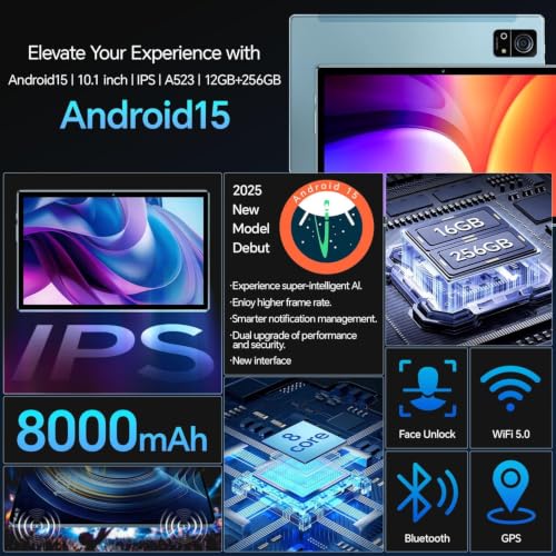 Image of M7 Android Tablet, 10.1 inch IPS Touchscreen, 16GB RAM + 256GB ROM, Android 15 Octa-Core Processor, 8000mAh Battery, 13MP+5MP Dual Camera, Dual-Band 5G WiFi