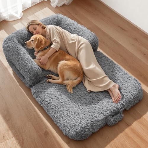 VEVOR Hundebett für Menschen & Hunde 181x111x24cm Memory-Schaum-Hundebett in Menschengröße mit Seitentasche Griff & Reißverschluss Abnehmbarer maschinenwaschbarer Bezug Hochflor Dunkelgrau