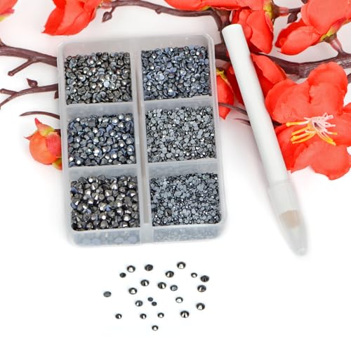 Image of Bymitel Hotfix Crystal Rhinestones Round Gems for Crafts,Mixed 6 Sizes with Wax Pencil Kit, Jet Hematite 1.3-3.2mm(SS3-SS12 /8000pcs)