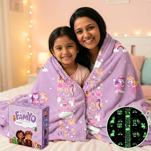 Image of Famyo GlowMaxx Glow Blanket for Kids - Mira the Mermaid | Soft Flannel Double Bed Blanket 200x152 cm | Glow in Dark Winter Blanket | Safe & Lab-Tested | Best Gift for Kids (Purple)