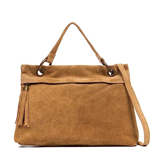 Firenze Artegiani. Alserio bolso bandolera mujer. Asa para uso de mano. Piel auténtica Gamuza. 28x7x21 cm. Color: Cuero