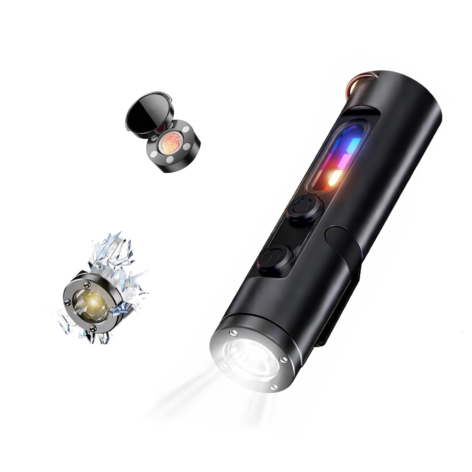 Wiederaufladbare EDC-Taschenlampe, 500 Lumen, Mini-Schlüsselanhänger, Taschenlampe mit Feuerstarter und Fensterbrecher, magnetischer Basis, Hutclip für Camping, Reisen, Notfall (schwarz)
