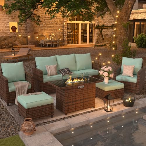 UDPATIO-Patio-Furniture-Set-with-44-Fire-Pit-Table-6-Pieces-Outdoor-Sectional-Conversation-Sets-All-Weather-Wicker-Rattan-Sofa-Ottoman-with-4-Thick-Cushion-for-Garden-Backyard-Deck-Light-Blue UDPATIO Patio Furniture Set with 44 Fire Pit Table 6 Pieces Outdoor Sectional Conversation Sets All Weather Wicker Rattan Sofa Ottoman with 4 Thick Cushion for Garden Backyard Deck Light Blue