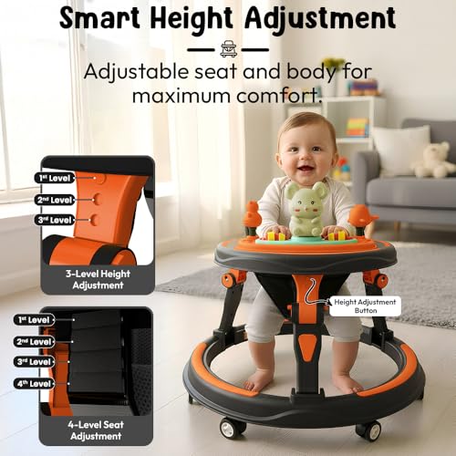 Image of StarAndDaisy Baby Walkers for 6-18 Month Baby boy 360 Walker for Kids for 6 to 18 Months with RGB Light, 7 Level Height Adjustment, Baby Walker with Switchable Food & Musical Toy Tray -Orange Black