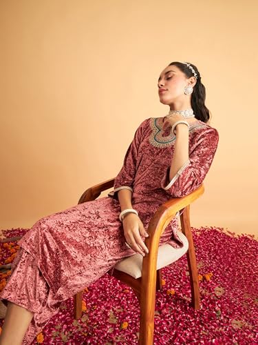 Image of Women's Velvet Floral Embroidered Straight Kurta | Round Neck Three-Quarter Sleeve Calf Length Kurti with Thread Work