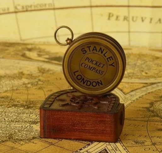 Brújula de latón con estuche de cuero y grabado náutico miniatura 3