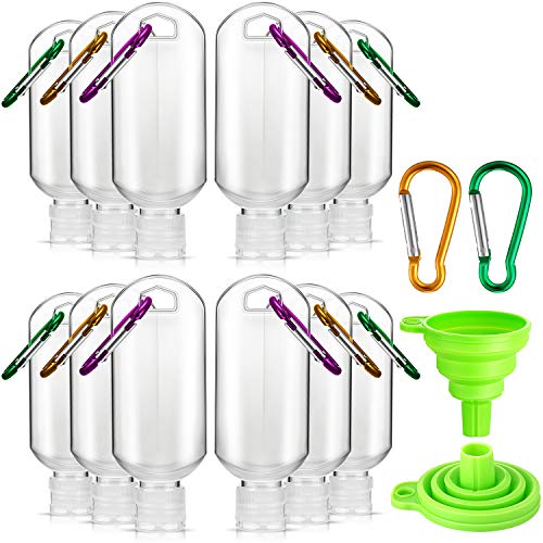 12 Pieces Travel Plastic Clear Keychain Bottle Portable Travel Bottle with Keychain Leak-proof Empty Bottle Refillable Container with Flip Cap and 2 Funnels for Travel Accessory, 50 ml/ 1.69 oz
