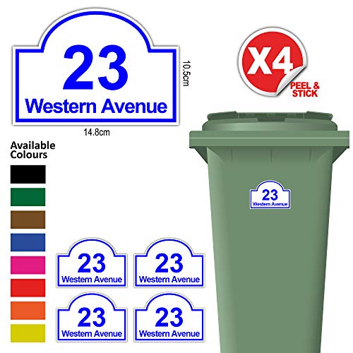 Pack of 4 Personalised Printed Wheelie Bin Number Stickers with House Number And Street Name Arch Style A6 Size Blue