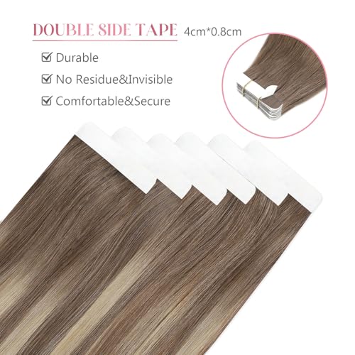 Image of Sixstarhair Tape in Hair Extensions Human Hair Balayage Ash Brown to Blonde Mixed with Light Blonde Real Hair Extensions Silky Straight Tape Hair Extensions Human Hair 50g 20pcs [TP8 /22 /8 22inch]