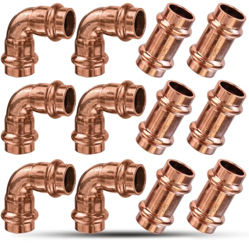 Copper Press Fittings 1/2inch Copper Coupling with Stop&Copper 90 degree Elbow with 1/2 Inch PxP, 1/2” 6PKPress Fittings Coupling with Stop+6PK 90 Degree Elbow,OD 5/8