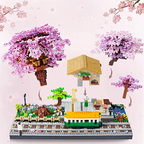 OundarM Mini Japanese Cherry Blossom Train Station Building Blocks Set, Sakura Botanical Collection Building Set for Adults, 14+ Teens, Home Decor Accessories, NOT Compatible with Lego (3668 Pcs)