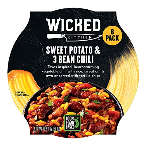 Wicked Kitchen Ready to Eat Meals, Sweet Potato & Three Bean Chili (8-Pack) - Microwavable Food - Plant-Based & Dairy-Free Instant Prepared Meals - GMO-Free