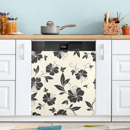 Cubierta magnética para lavavajillas de flores negras para dar un toque floral a su cocina