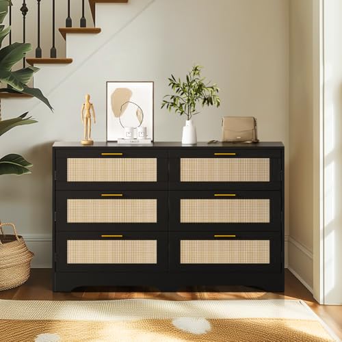 Image of Redlife 6 Drawer DresserBlack, Chest of Drawer for Bedroom, Wood Storage Boho Dresser with Golden Handles, Beside Table for Closet, Living Room, Hallway and Entryway, Black and Natural