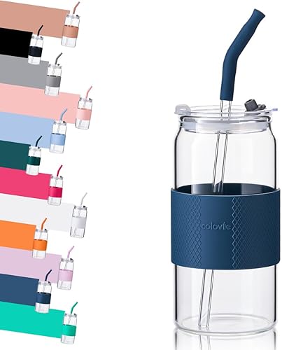Miniatura 10 de ColoVie Vaso de vidrio con tapas 3 en 1 y popotes de vidrio (puntas de silicona adicionales), funda protectora de silicona, taza de café helado,