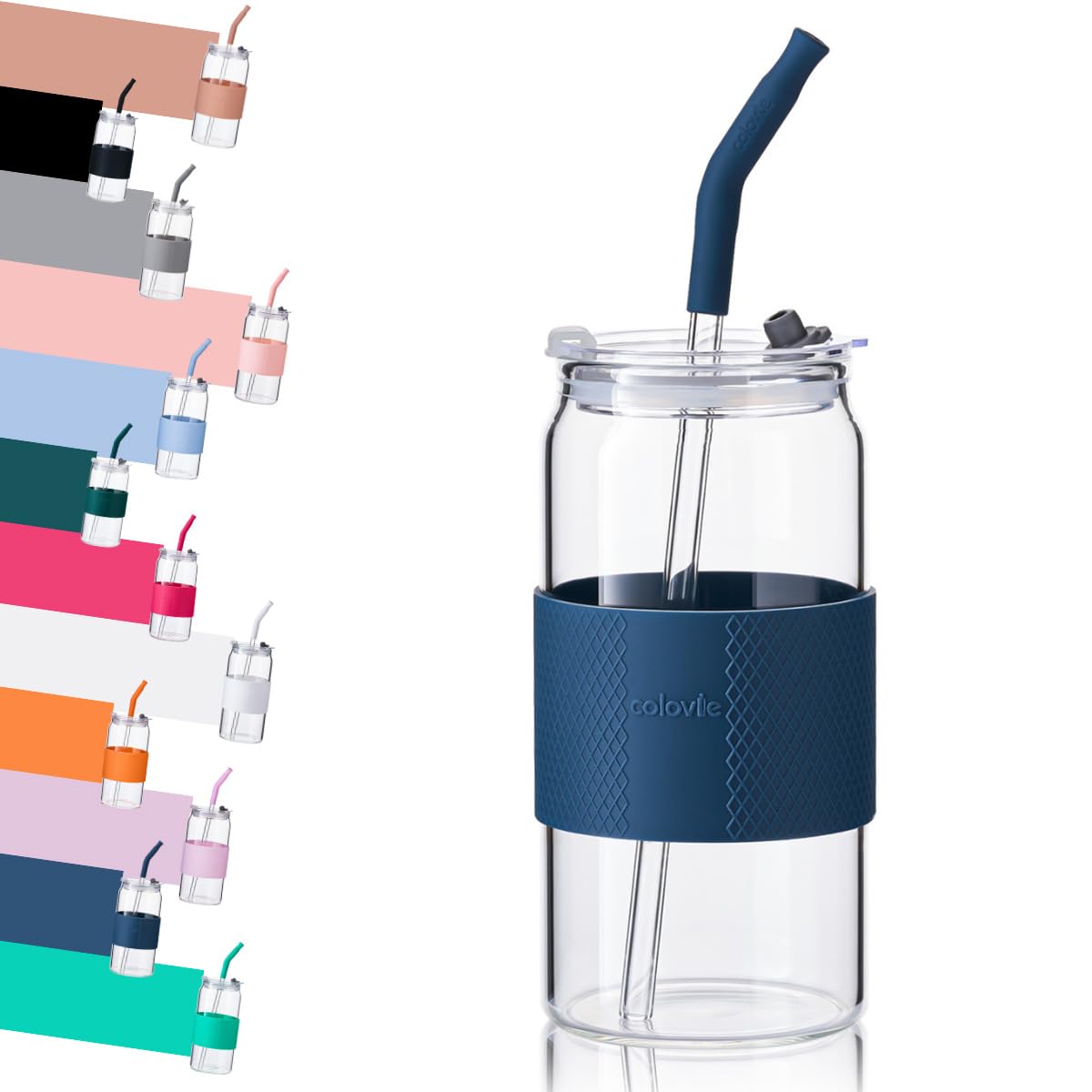 ColoVie Glass Tumbler with 3 IN 1 Lids and Glass Straws