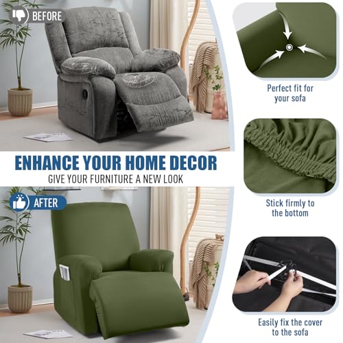 Image of TAOCOCO Stretch Recliner Chair Covers 3-Pieces Solid Furniture Covers Recliner Cover for Reclining Chair Slipcovers Feature Fitted Soft Washable Recliner Sofa Covers (1 Seat, Olive Green)