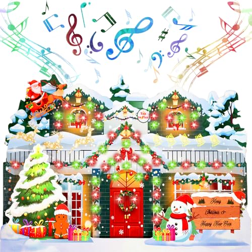 KASITON クリスマスカード 3曲音楽付き メロディーカード ライト付き 立体 ポップアップカード クリスマスマーケット メッセージカード グリーティングカード サンタ ツリー