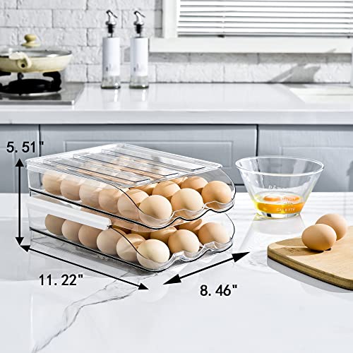 memeyou Large Capacity Egg Holder For Refrigerator Auto Rolling Egg Container Organizer Tray Bins Stackable Fresh Storage Box For Fridge Plastic Clear(2 Layers) - Image 3