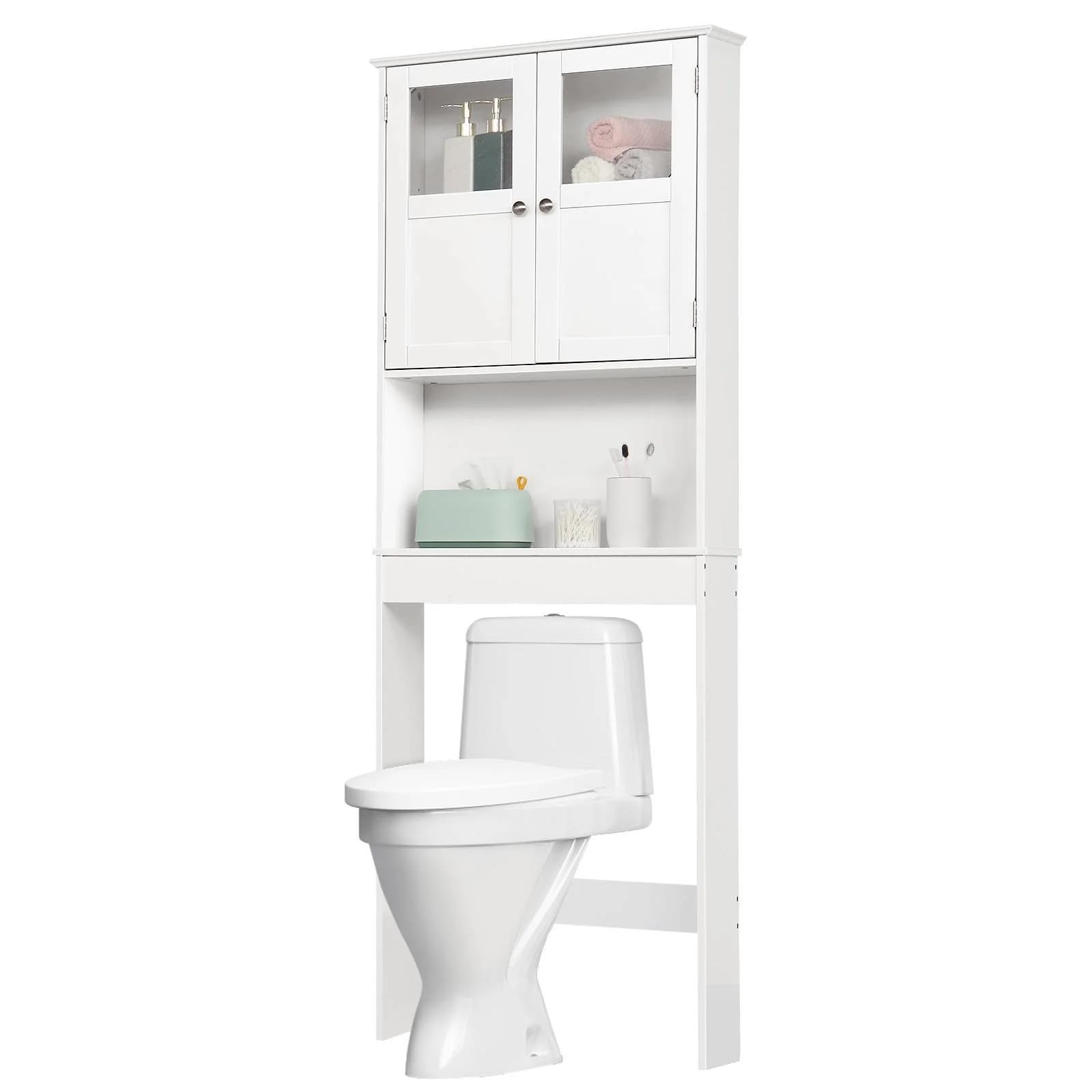 LEADZM Meuble de WC avec étagère réglable et Placard à 2 Portes Verre | Blanc