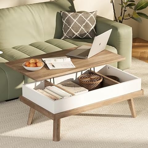 Meilocar Wood Coffee Table, Lift Top Coffee Table with Hidden Compartment, Coffee Table for Living Room Reception Room, 39.4in L, Ivory Cover