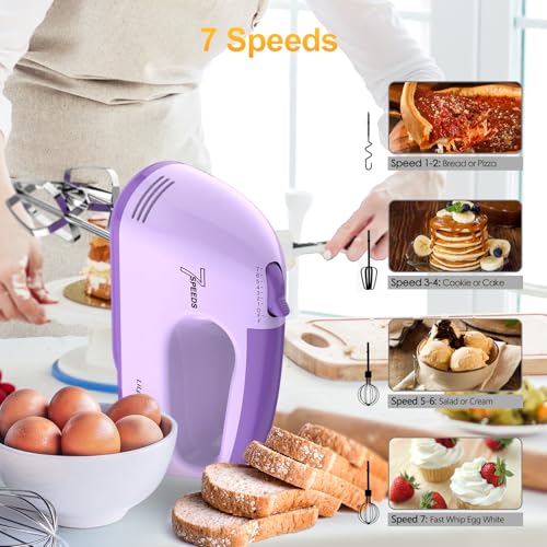 Image of LILPARTNER Hand Mixer Electric, Ultra Power Kitchen Hand Mixer With 7-Speed & 5 Stainless Steel Accessories for Whipping Dough, Cream, Cake, Dishwasher Safe, Light Purple