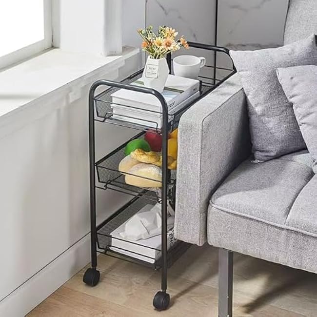 3 Tier Rolling Cart, Rust-Resistant Mesh Wire Metal Utility Cart with Wheels & 4 Side Hooks, Tool-Free Assembly, for Kitchen, Bathroom, Laundry Room, Living Room, Pantry, Dorm-fXtBsuwo