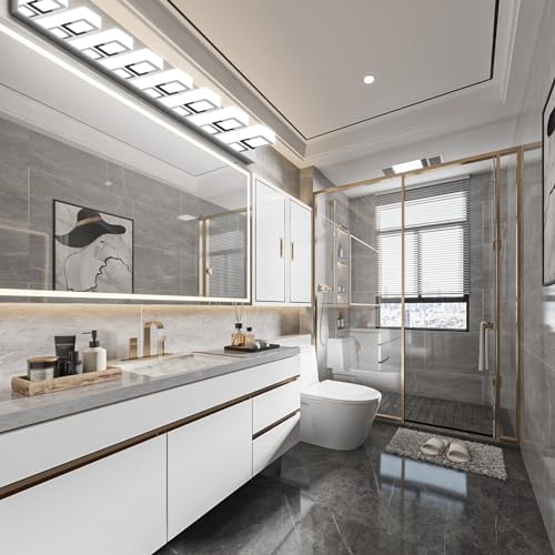 Image of Ralbay 52 inch Modern Chrome Vanity Lights 8 Lights Acrylic Stainless Steel LED Vanity Light Fixtures Chrome Bathroom Lighting Over Mirror