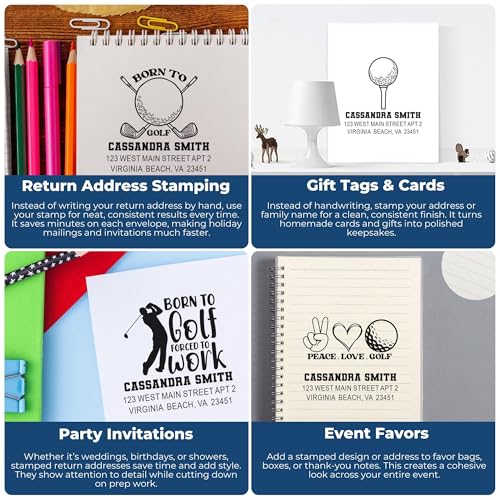 Image of Handheld Golf Champion Crest Duo Hand Return Address Stamp - Teacher Stamp | Home Mailing Stamp. Any standard pad works. Golf Address Stamp. Classic hand stamp. Nothing to dry out. Square imprint.