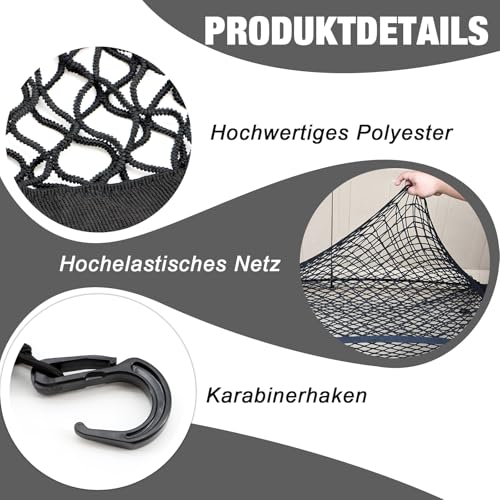 KASURE Gepäcknetz Auto, 80 X 100 cm Kofferraumnetz Mit 4 Karabinern, Kann Auf 144 X 180 cm Kofferraum Netz Erweitert Werden, Passend Für Die Meisten Kofferraumnetze Autos, Festes Gepäck