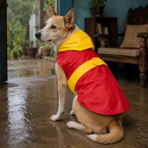 Image of Waterproof Dog Raincoat with Hood | Double Coloured Red-Yellow | Adjustable Velcro | Extra Coverage | Easy to Carry Pouch | for Small, Medium and Large Breed Dogs (Mini Adult (3XL))