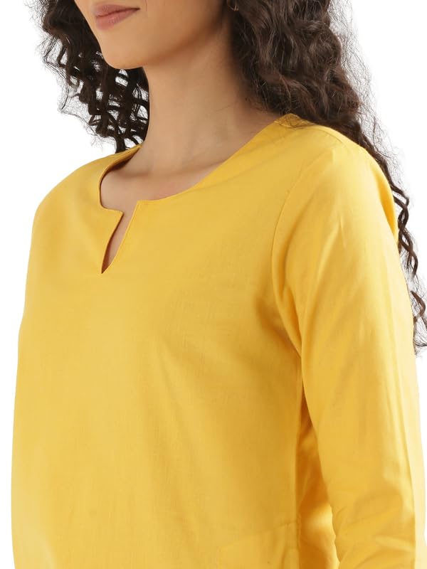 Image of SAADAA Airy Linen Mid Thigh Length Kurta for Women | Stylish Split Neck, 3 /4 Sleeves & Side Pockets | Comfortable Everyday Wear Kurta | Breathable Fabric |