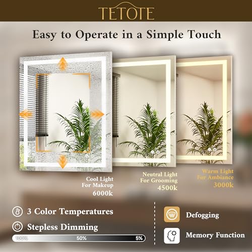 TETOTE LED Bathroom Mirror with Lights 40 x 24 Brighter Light up Mirror for Bathroom Vanity, Front and Backlit 3-Color Dimmable Illuminated Antifog Mirror Wall Mounted, Waterproof, Tempered Glass - Image 4