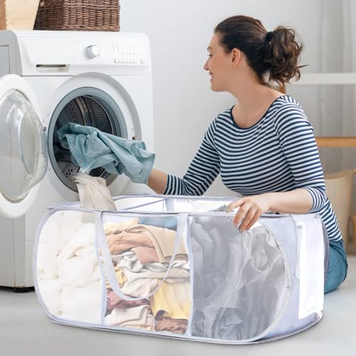 Image of Durable Collapsible Foldable Mesh Pop Up Laundry Basket, 3 Compartments Easy to Carry & Sort Clothes Hampers for Home, Dorm, Travel White (Pack of 2)
