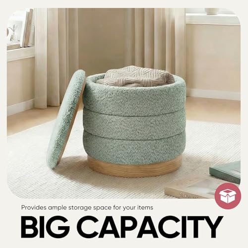 Image of Round Storage Ottoman with Tray, Chenille Folding Foot Rest Coffee tabele for Living Room Bedroom Dorm,Wood Grain Leather