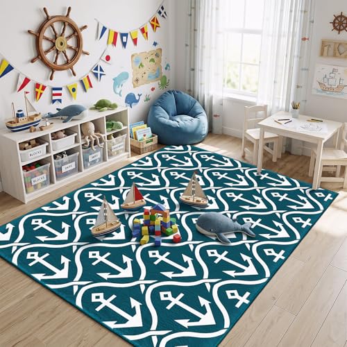 keepcute Nautical Anchor Area Rug 5×7FT Non-Slip Washable Navy Blue