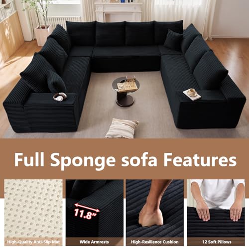 Image of Modern Modular Sectional Sofa, Big Comfy Corduroy Cloud Couch with Deep Seat, Boneless Couch Upholstered 8-Seater U-Shaped Sofa for Living Room, No Assembly Required (Black)