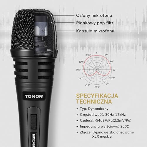 TONOR Mikrofon Dynamiczny z Kablem XLR 5 m i Statywem, Microphone Ręczny 6,35 mm Kompatybilny z Karaoke, do Sceny, Studia, KTV i Użytku Domowego Audio, K1