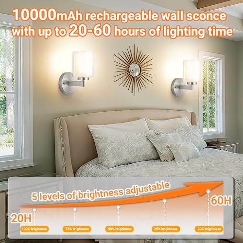 Image of Nekhung Battery Operated Wall Sconce Set of 2, Wireless Wall Sconce with Remote,10000mAh Rechargeable RGB Dimmable Bathroom Light Fixtures with Double Clear Glass Shade NOT Hardwired (Nickel)