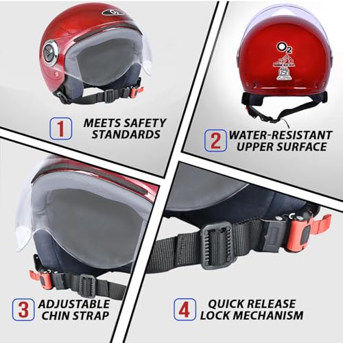 Image of O2 Open Face / Half face Helmet Unisex for Bike Women Men ISI Certified with Clear Visor Smooth Finish Lightweight & Compact (W. Red, 580mm Medium)