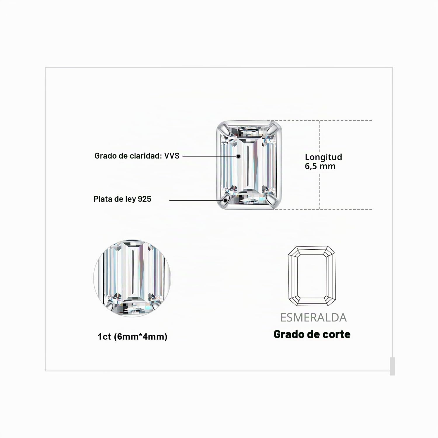 JewelryPalace Pendientes Mujer Plata 1ct Moissanita Corte Esmeralda Clásicos, Pendientes Solitario Tuerca con Piedras Plata/Oro/Oro Rosa Diamante Simulado, Pendientes en un Conjunto Joyas para Novia