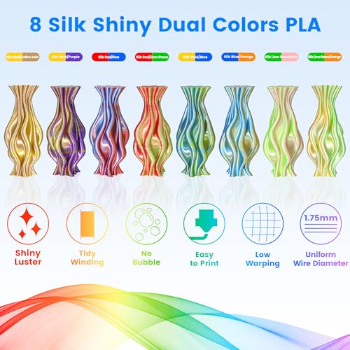Image of MIKA3D 3D Printing Dual Color in 1 Silk PLA Filament 8 Spools Bundle, 1.75mm Dual Color Shiny Coextrusion PLA Filament, 8 Most Popular Dual Color in 1 PLA Mixed, 0.25kg /Spool, Total 2kg