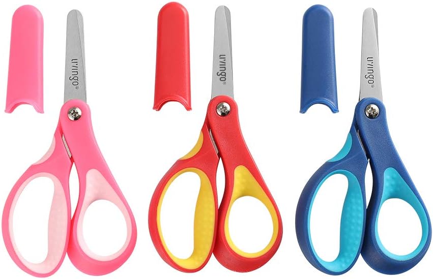 LIVINGO 5" Small School Student Blunt Kids Craft Scissors, Sharp Stainless Steel Blades Safety Comfort Grip for Children Cutting Paper, Assorted Color, 3 Pack