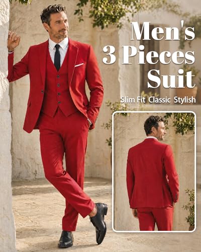 Image of MY'S Men's 3 Piece Suit Set with Tie, One Button Slim Fit Solid Jacket Vest Pants, Prom Party Wedding Business Suits for Men