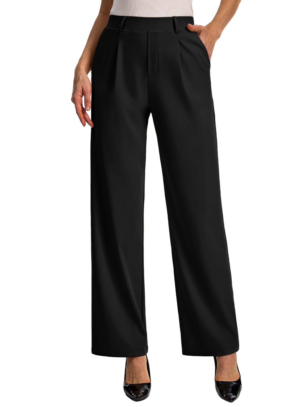 Feiersi Womens Dress Pants Wide Leg Stretchy Work Pants High Waisted Pull On Casual Trousers with Pockets