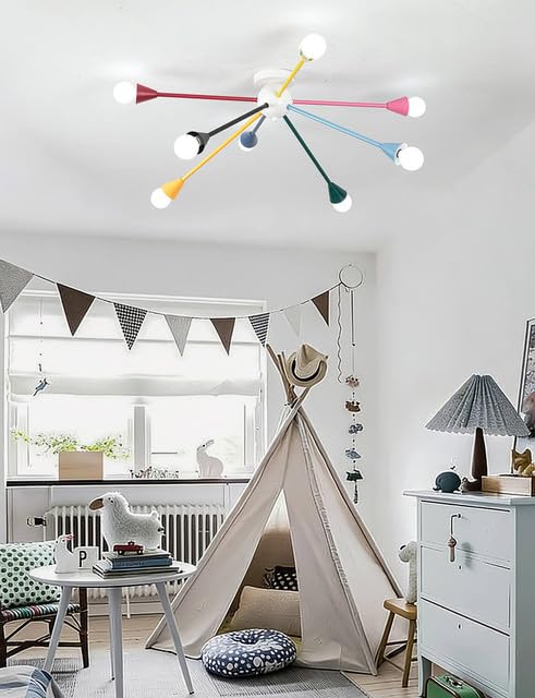Bunte Deckenleuchte Kinderzimmer, 8-Flammige Deckenlampe im Modernen Sputnik Design, Ø 77cm, Farbige Lampe mit E14 Fassung für Jungen, Mädchen & Spielzimmer