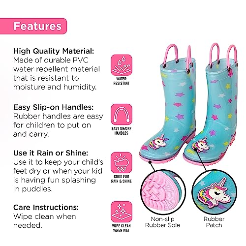 Toddler Rain Boots, Kids Rain Boots Waterproof Rubber Boots for Girls and Boys with Sock, Fun Patterns, Easy-On Handles 8-123